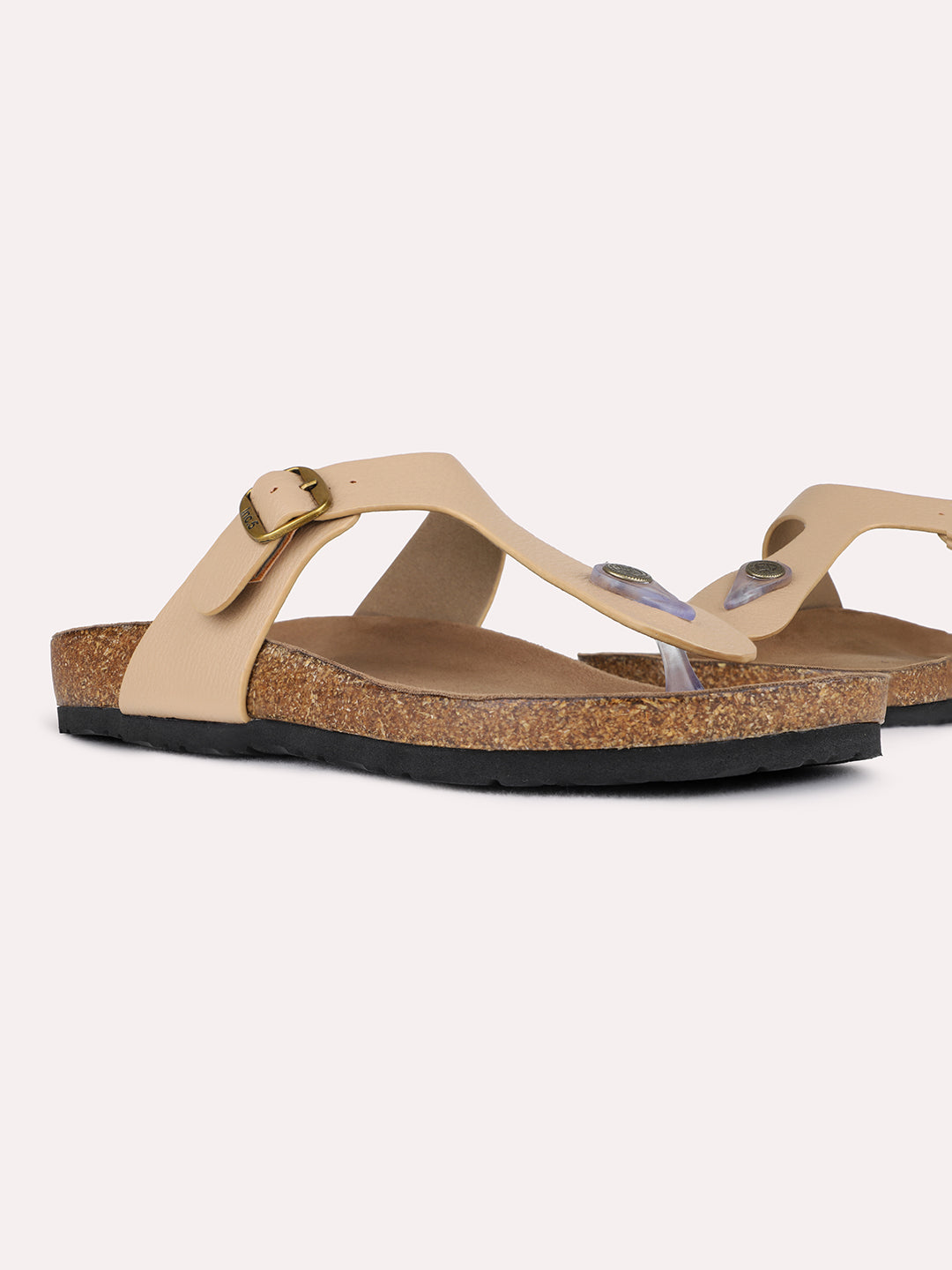 Womens Beige Casual Solid T-Strap Flat Slip-On Sandals