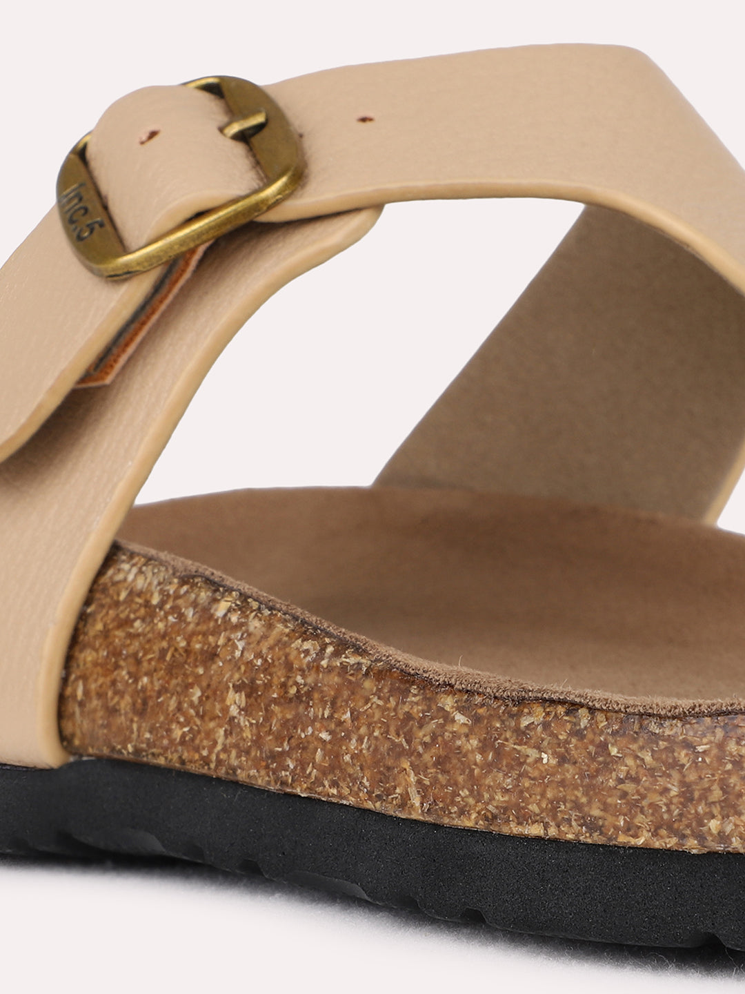 Womens Beige Casual Solid T-Strap Flat Slip-On Sandals