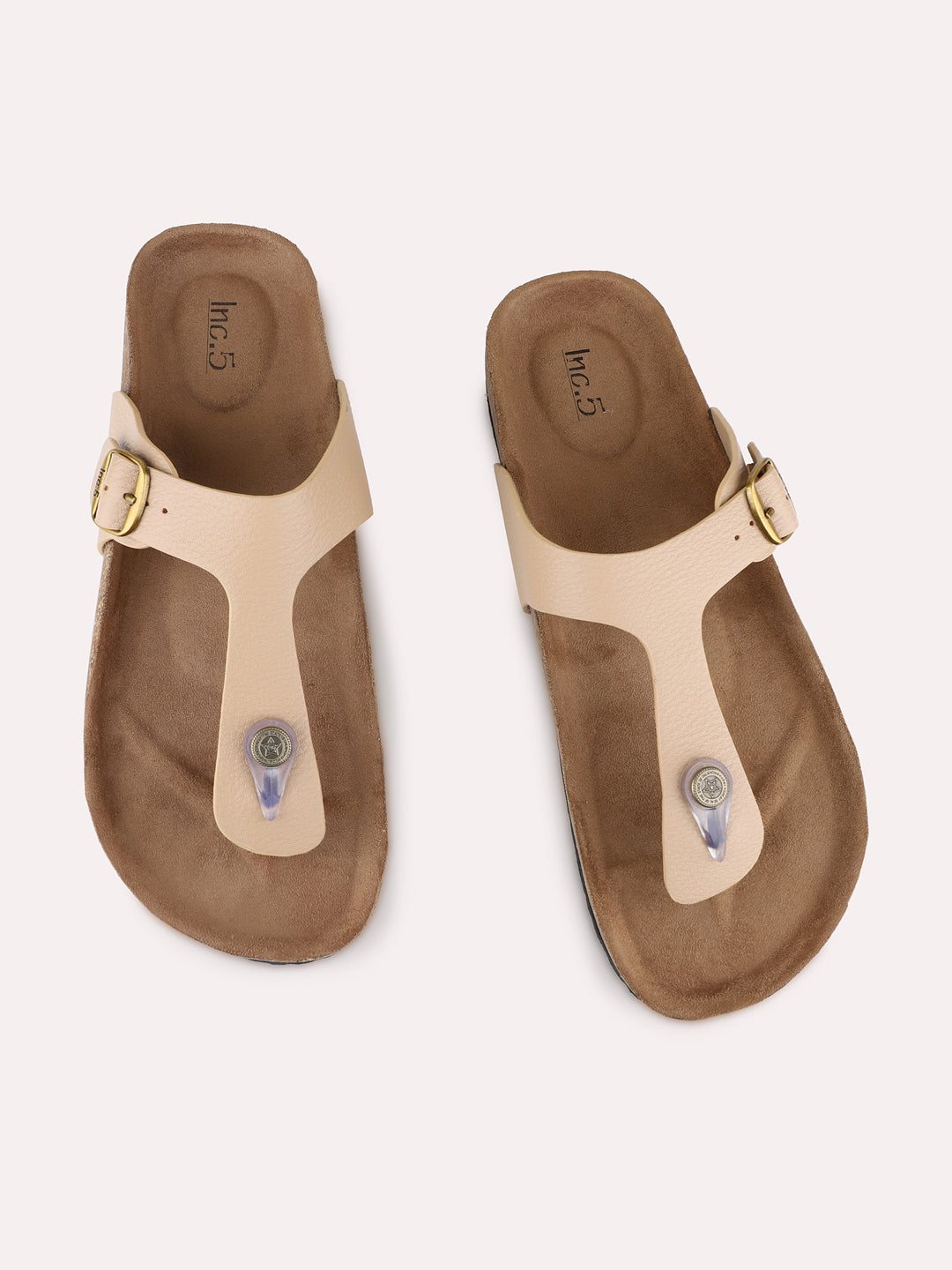 Womens Beige Casual Solid T-Strap Flat Slip-On Sandals