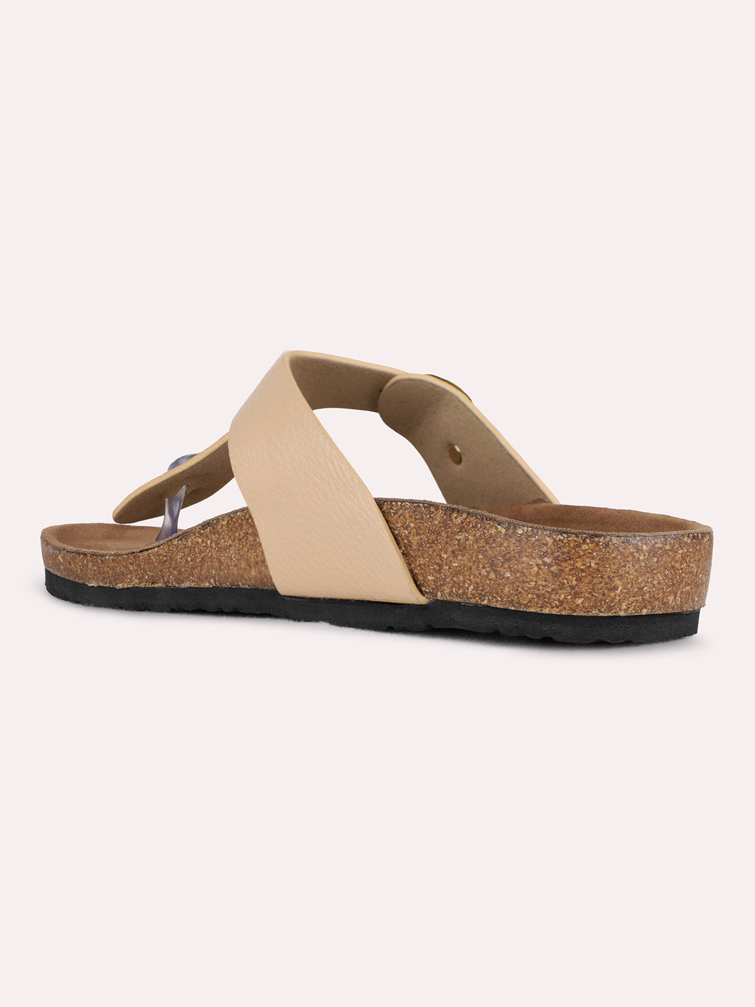 Womens Beige Casual Solid T-Strap Flat Slip-On Sandals