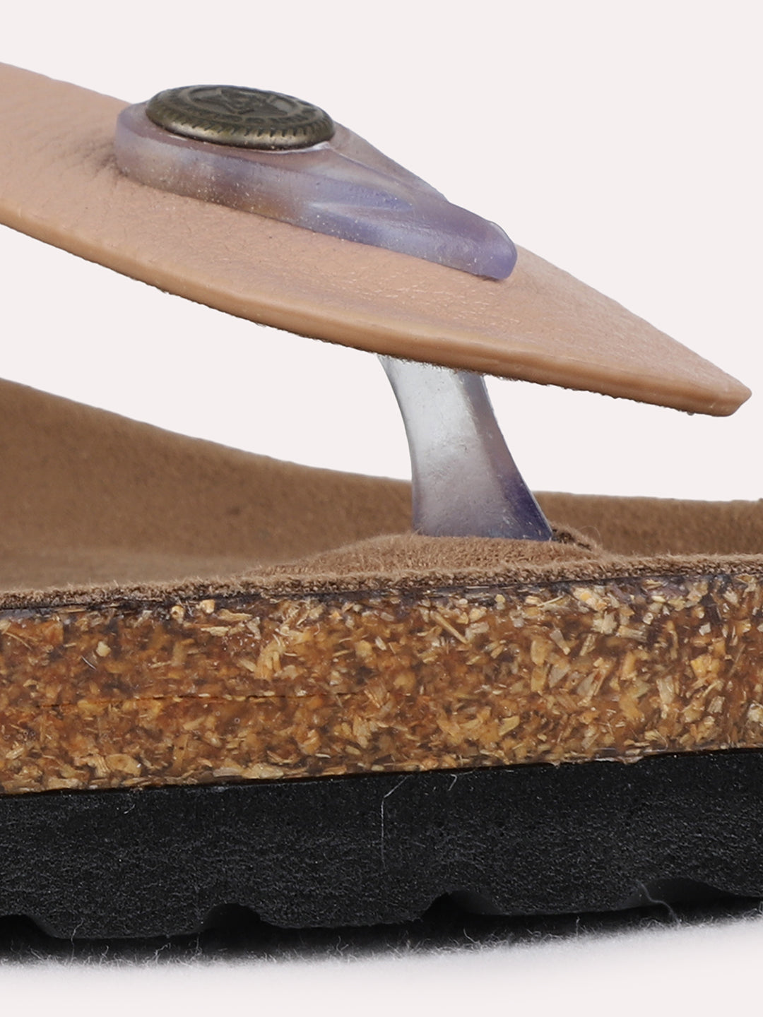 Womens Peach Casual Solid T-Strap Flat Slip-On Sandals