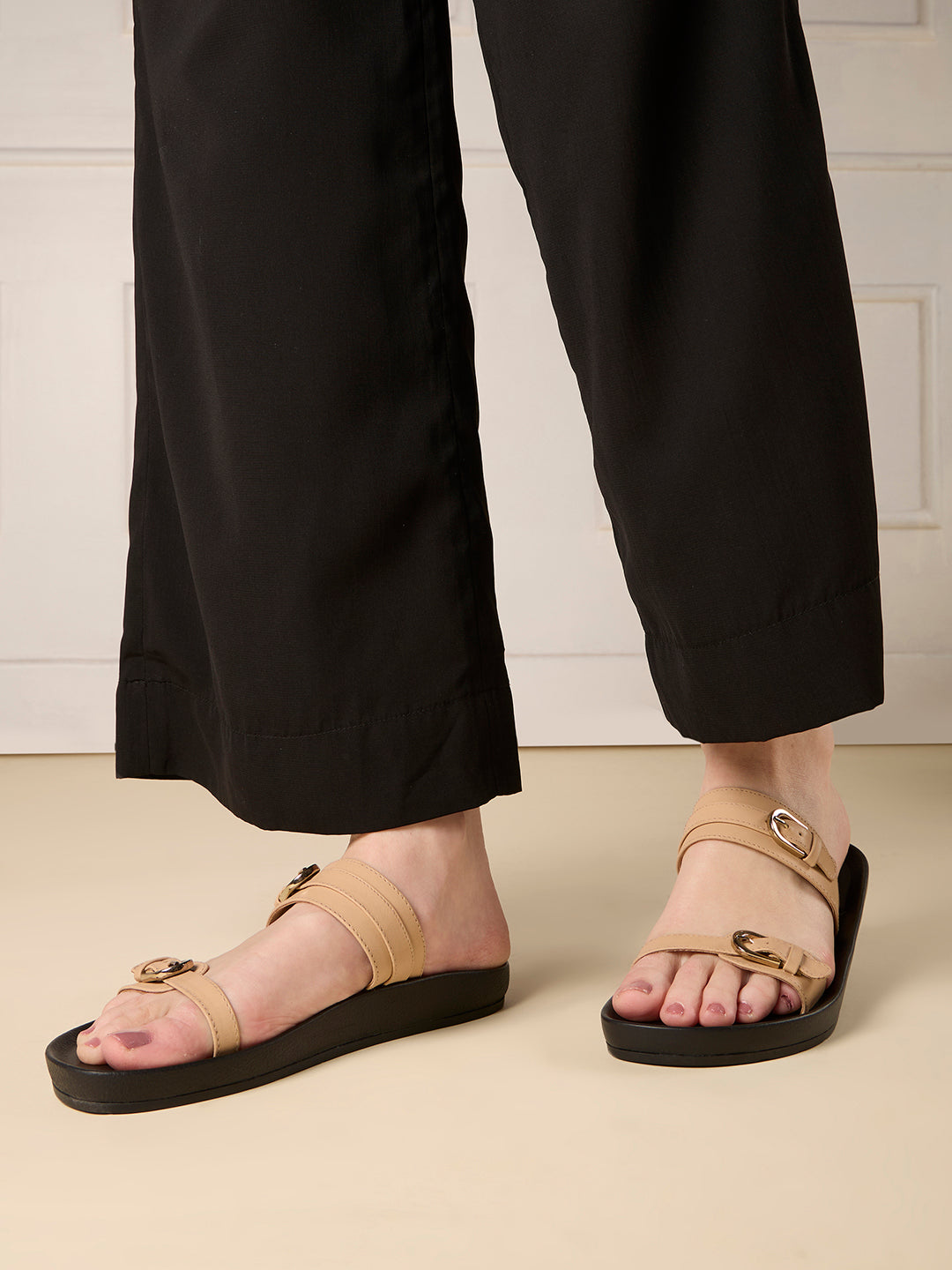 Womens Beige Casual Solid Open Toe Flat Slip-On Sandals