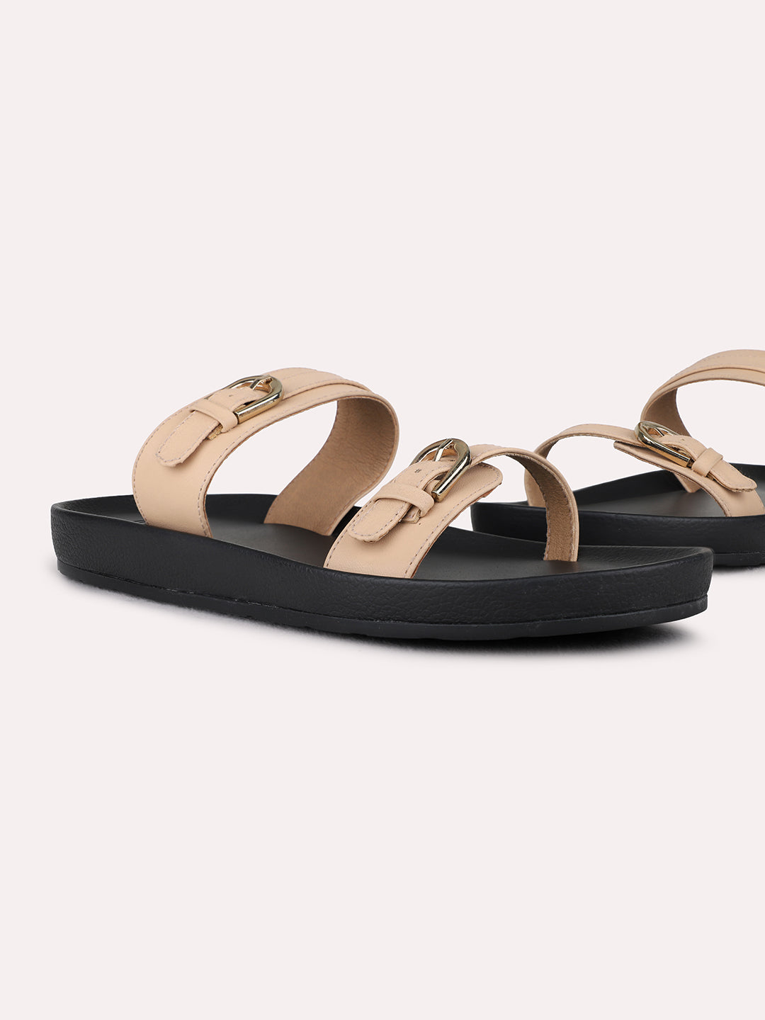 Womens Beige Casual Solid Open Toe Flat Slip-On Sandals