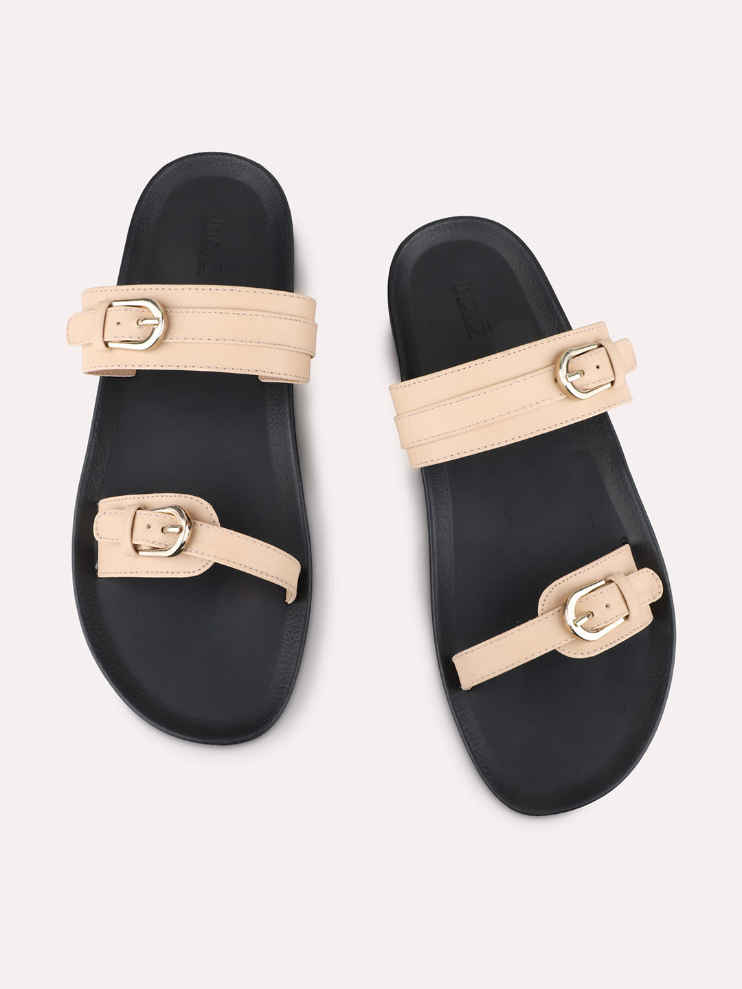 Womens Beige Casual Solid Open Toe Flat Slip-On Sandals