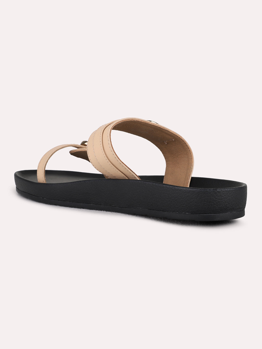 Womens Beige Casual Solid Open Toe Flat Slip-On Sandals