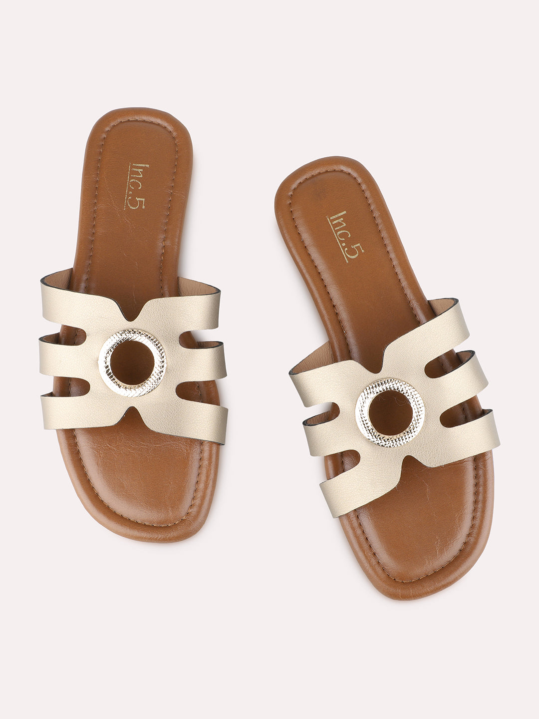 Womens Gold Casual Solid Open Toe Flats