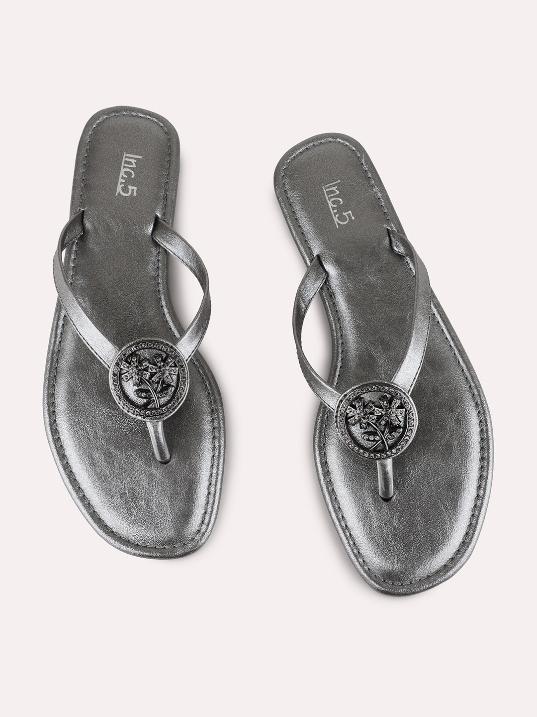 Womens Pewter Casual Solid T-Strap Flats