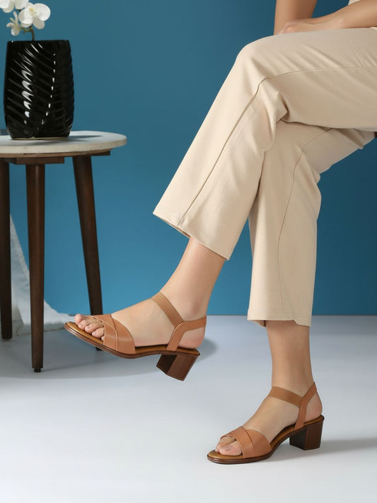 Womens Tan Party Wear Solid Round Toe Block Heels