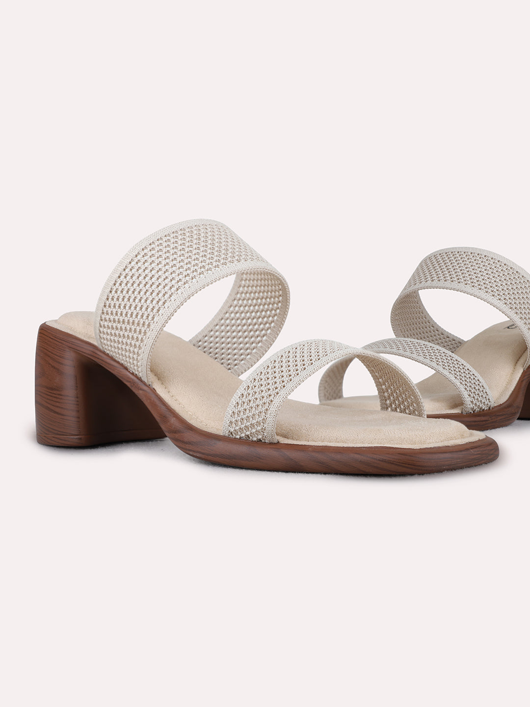 Womens Beige Party Wear Embellished Square Toe Block Heels