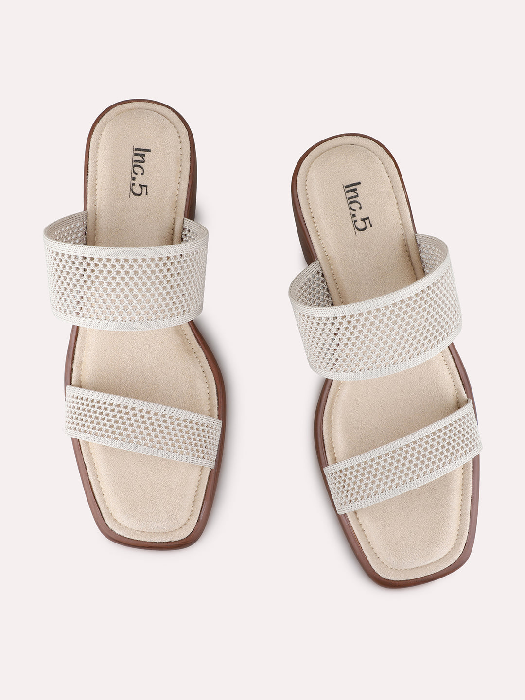 Womens Beige Party Wear Embellished Square Toe Block Heels