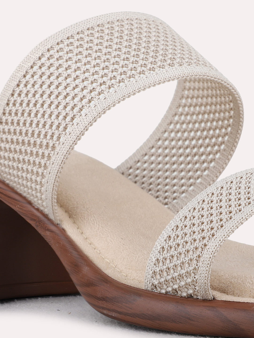Womens Beige Party Wear Embellished Square Toe Block Heels
