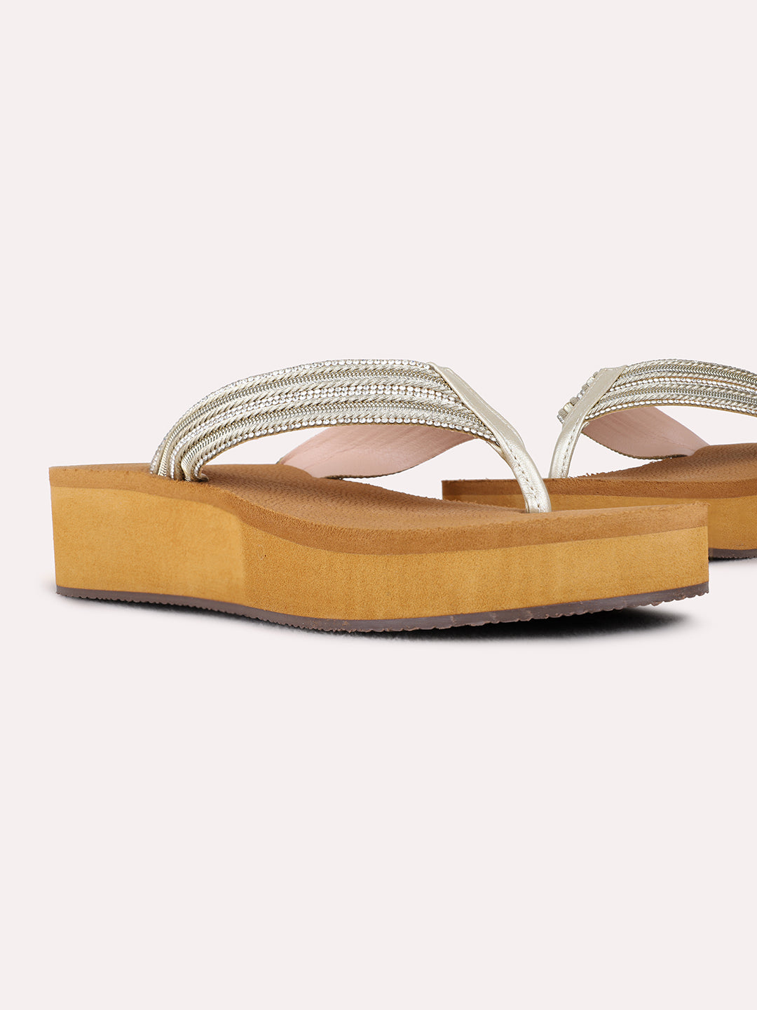 Womens Golden Casual Embellished Round Toe Wedge Heels