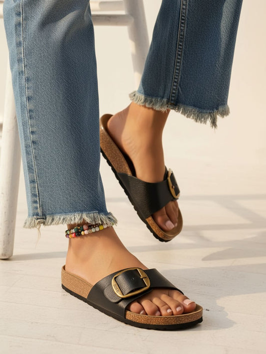 Womens Black Casual Solid Pattern Open Toe Flat Slip-Ons