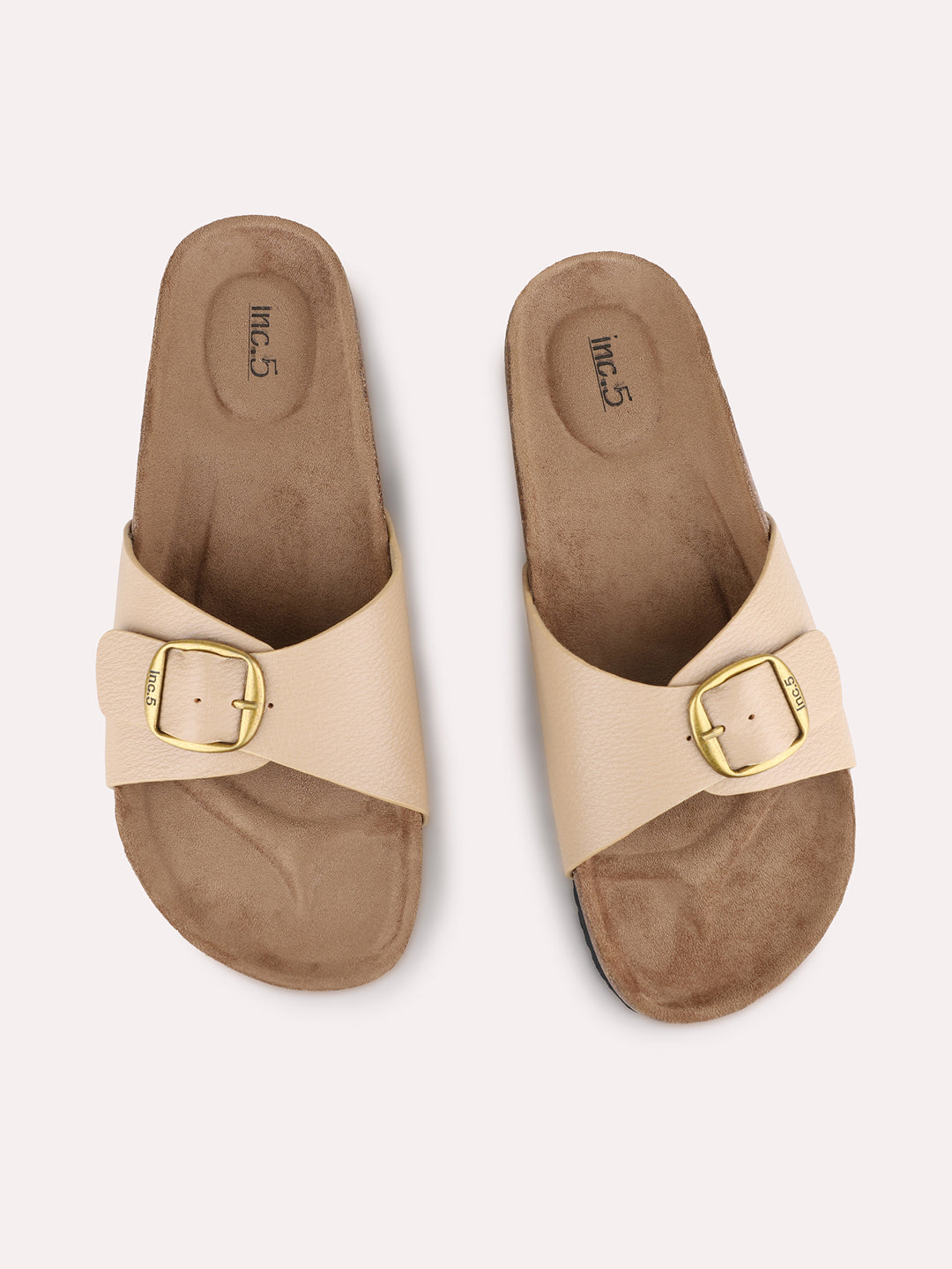 Womens Beige Casual Solid Open Toe Flat Slip-On Sandals