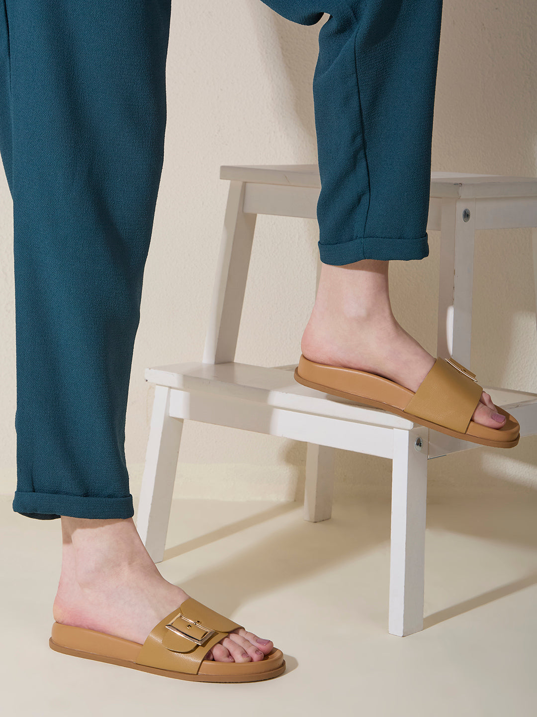 Womens Beige Solid Casual Open Toe Flat Slip-on Sandals