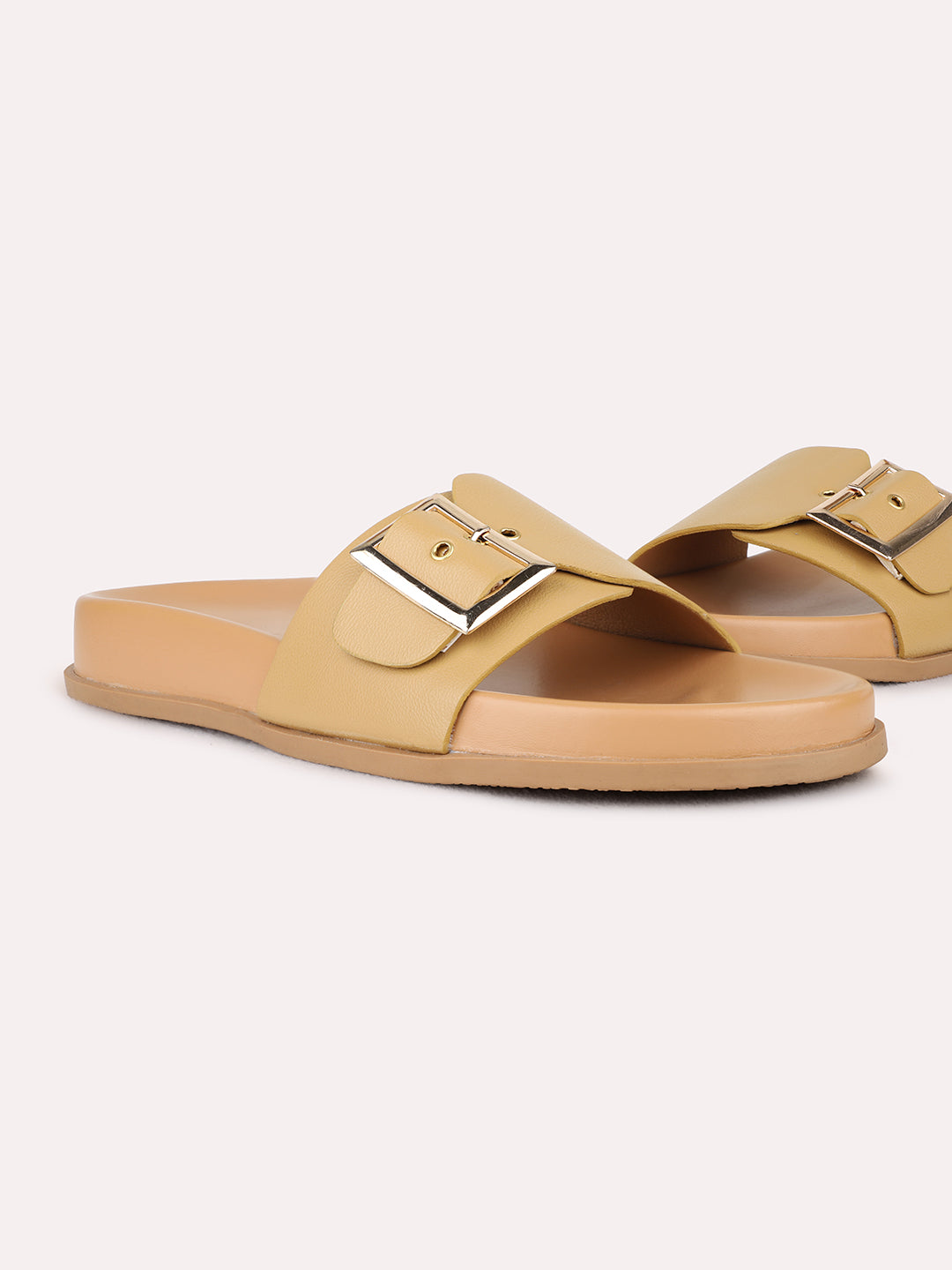 Womens Beige Solid Casual Open Toe Flat Slip-on Sandals