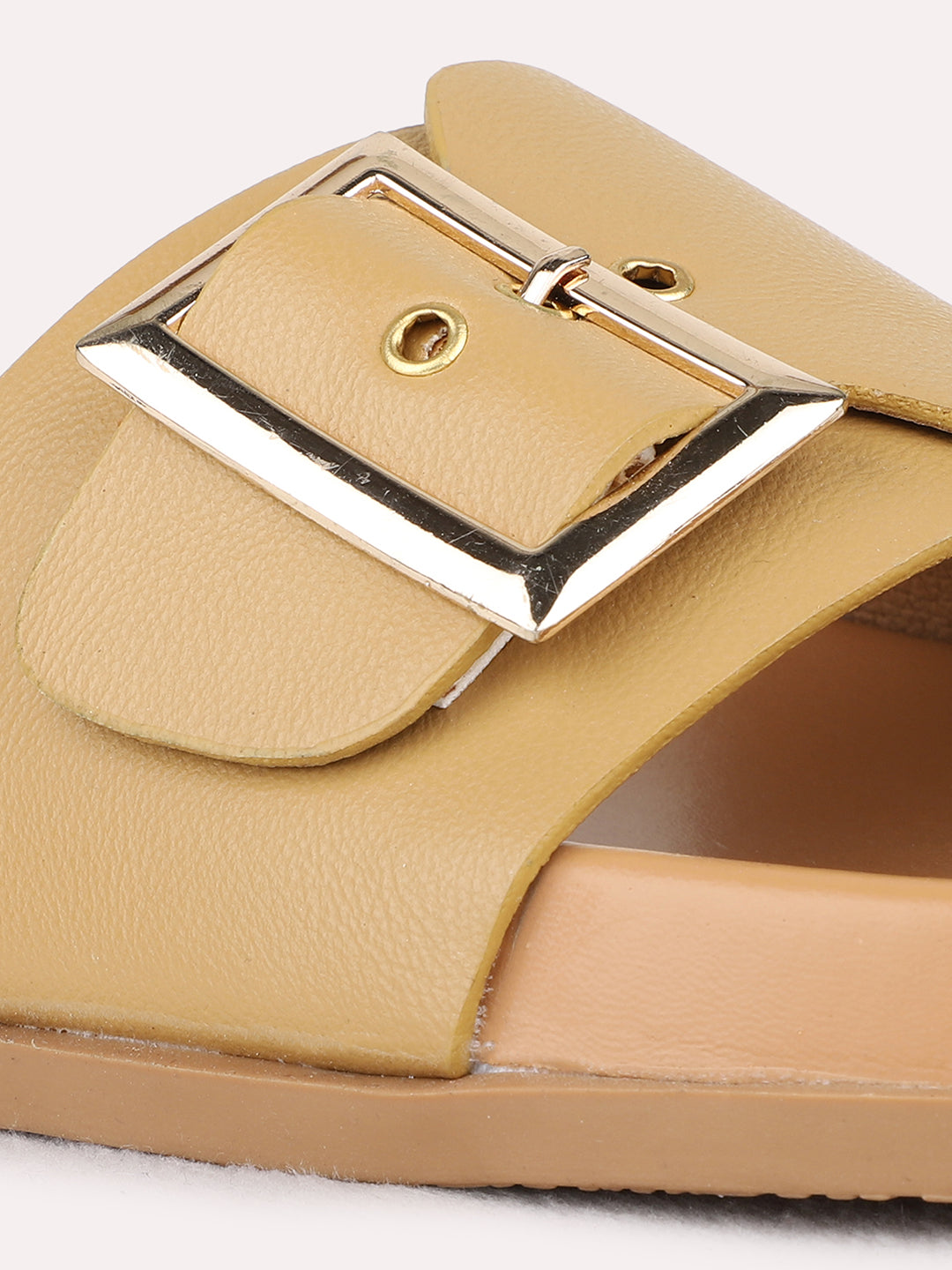 Womens Beige Solid Casual Open Toe Flat Slip-on Sandals