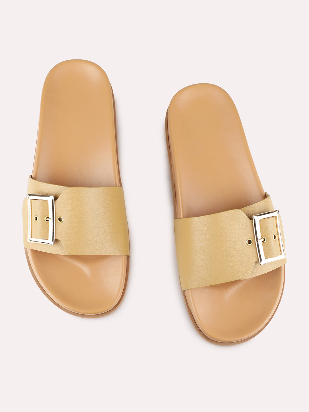 Womens Beige Solid Casual Open Toe Flat Slip-on Sandals