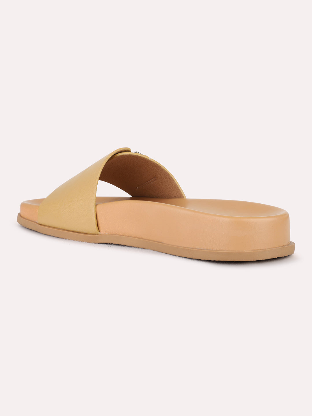 Womens Beige Solid Casual Open Toe Flat Slip-on Sandals