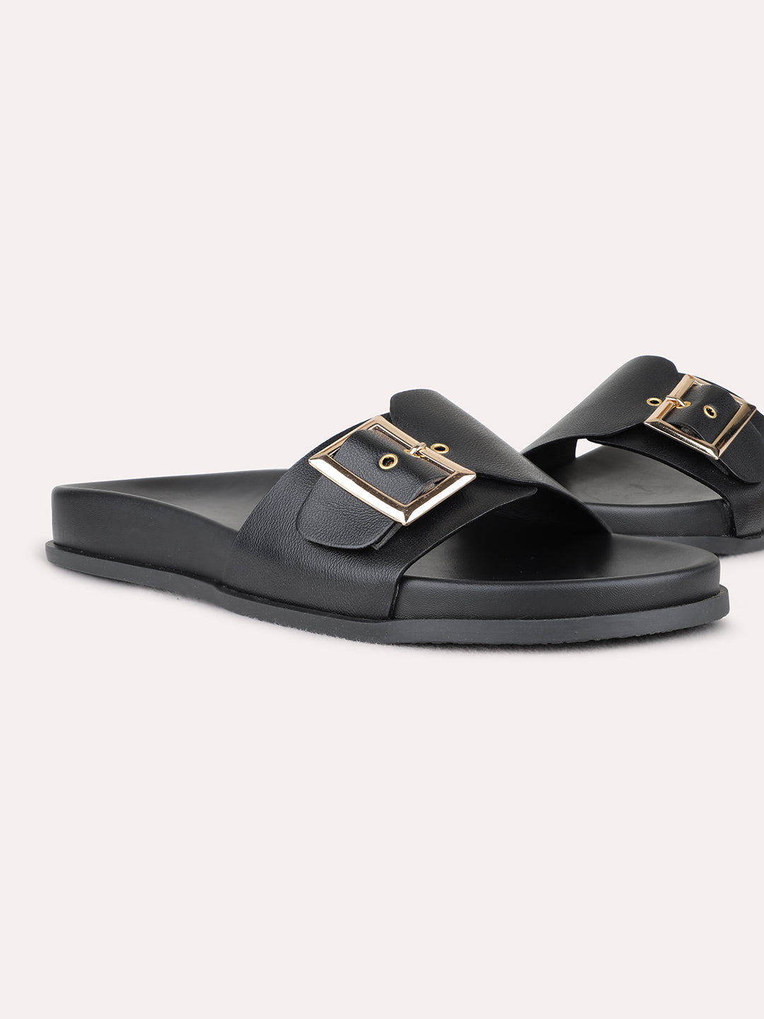 Womens Black Casual Solid Open Toe Flat Sandals