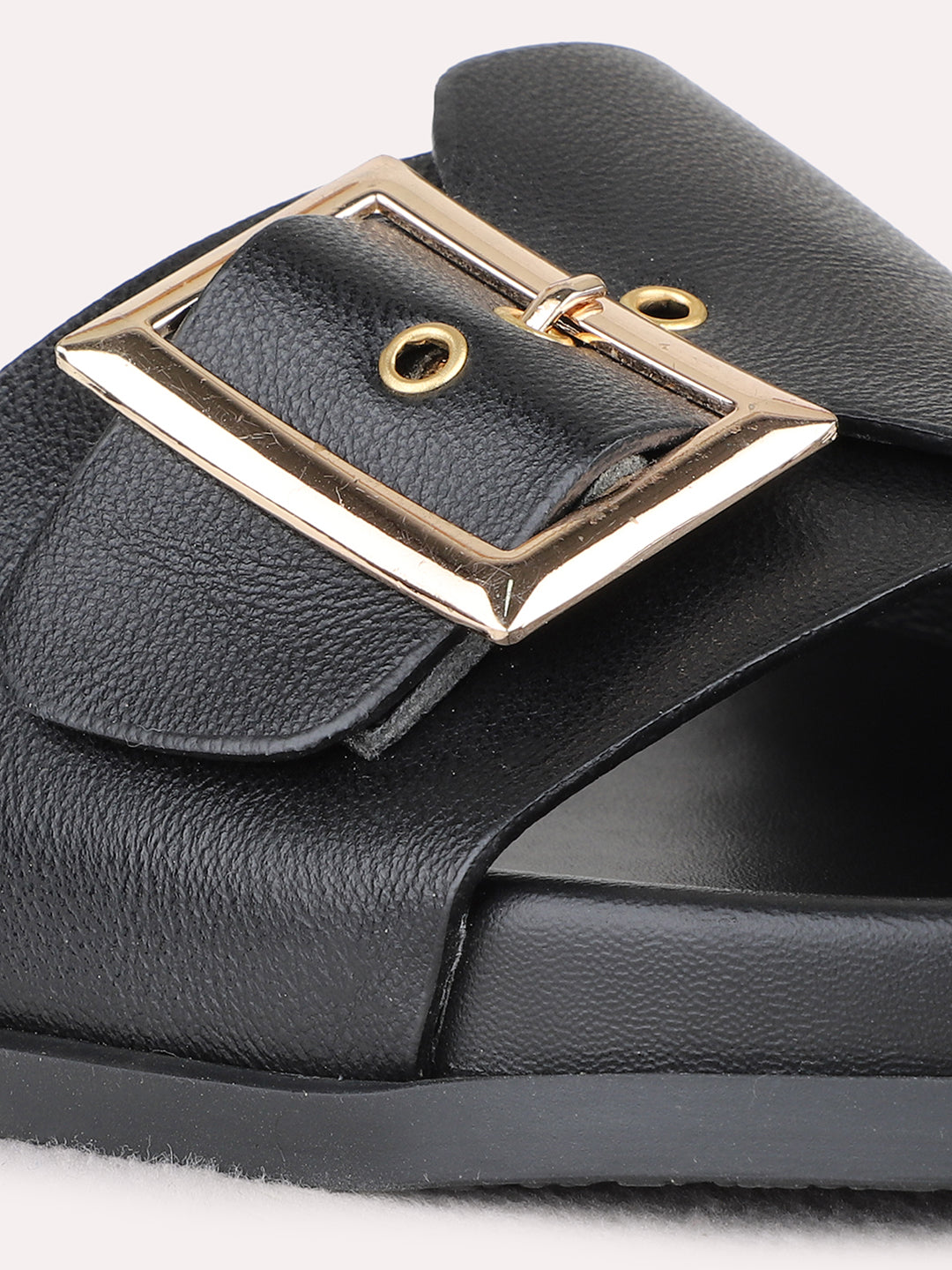 Womens Black Casual Solid Open Toe Flat Sandals