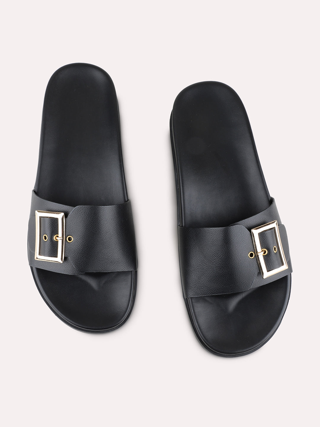 Womens Black Casual Solid Open Toe Flat Sandals