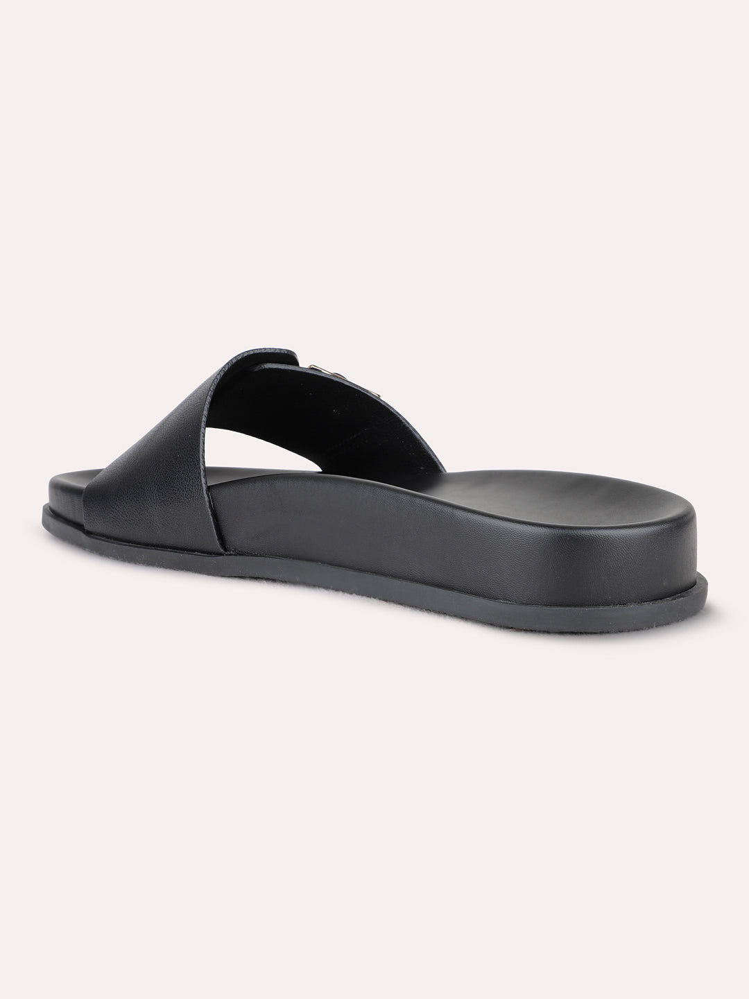 Womens Black Casual Solid Open Toe Flat Sandals