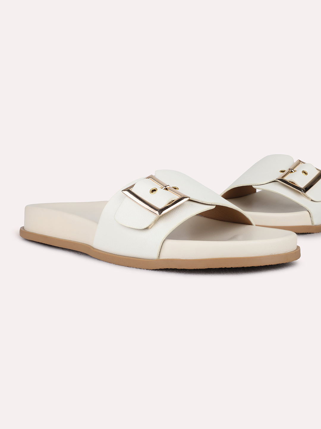 Womens Cream Casual Solid Open Toe Flat Slip-on Sandals