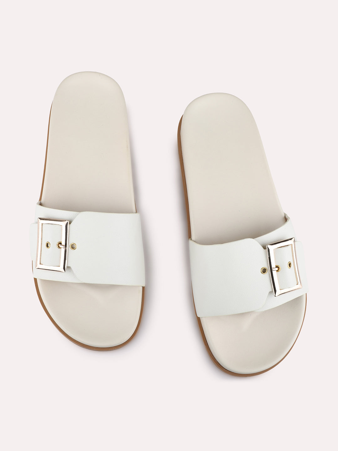 Womens Cream Casual Solid Open Toe Flat Slip-on Sandals