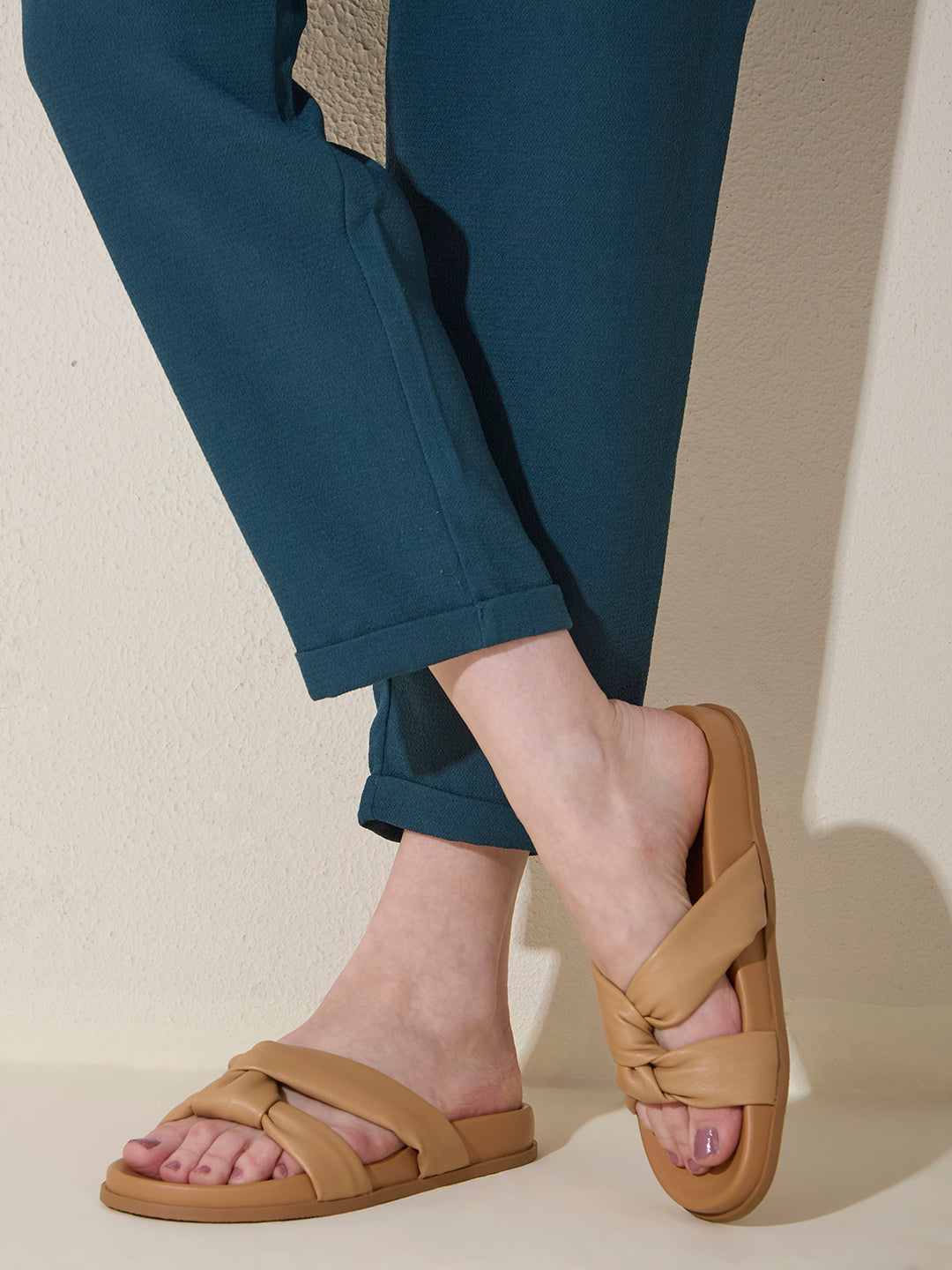 Womens Beige Casual Solid Open Toe Flat Sandals