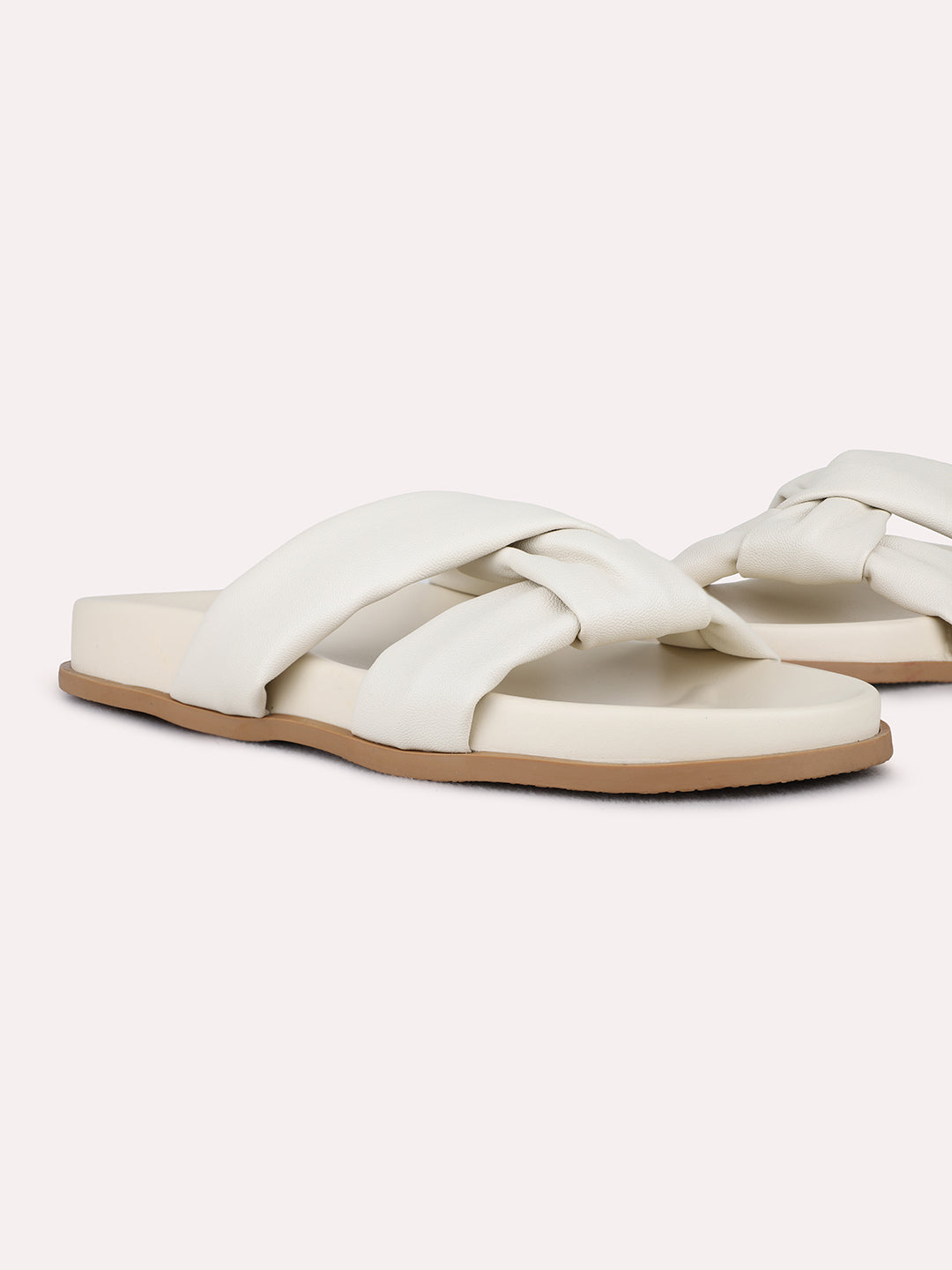 Womens Cream Casual Solid Pattern Open Toe Flat Slip-on Sandals