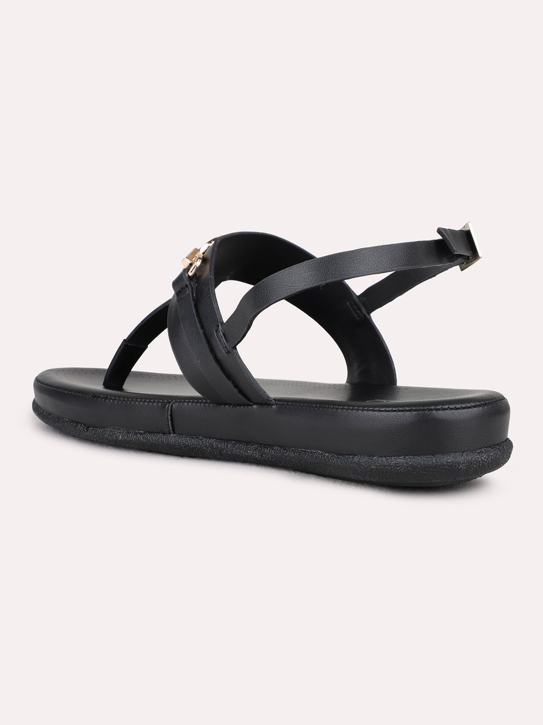 Womens Black Casual Striped T-Strap Flat Sandals