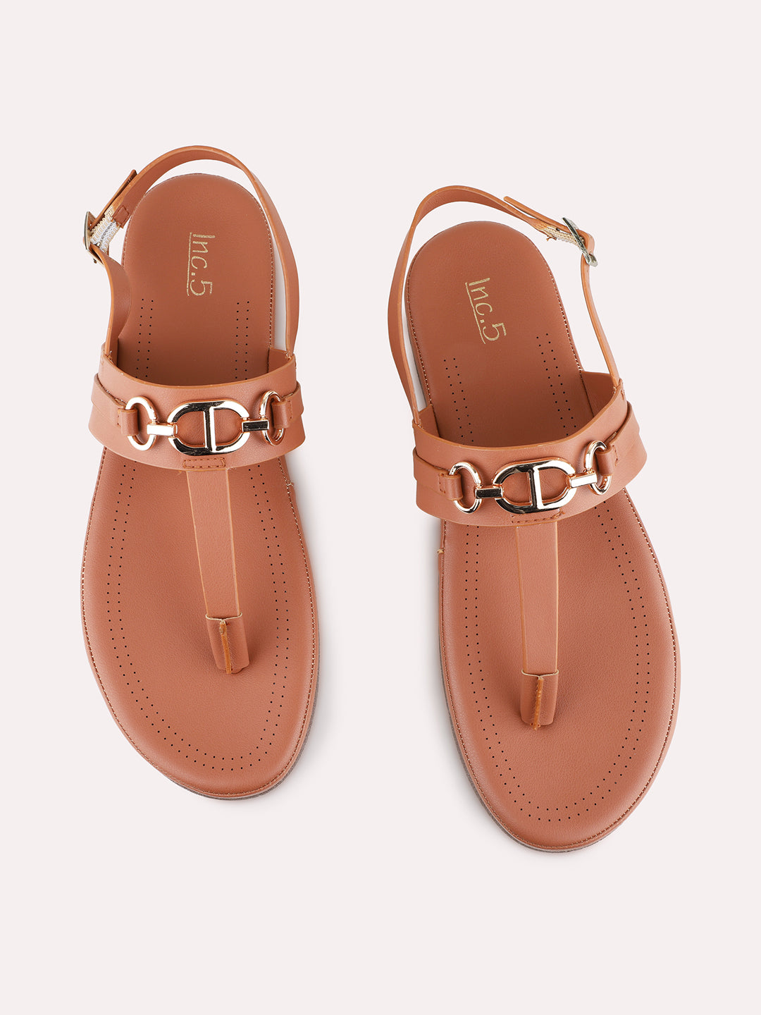 Womens Tan Casual Striped T-Strap Flat Sandals