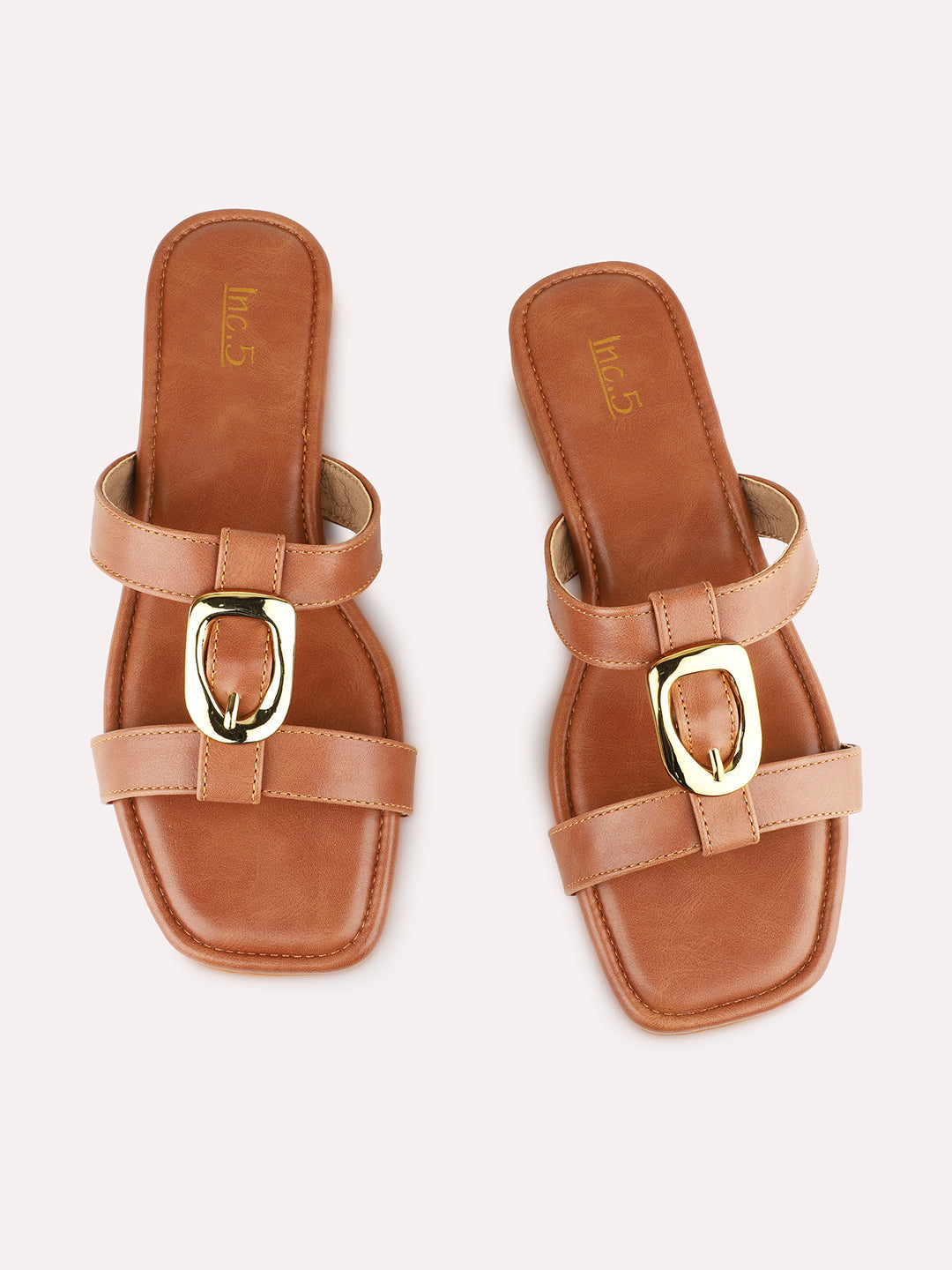 Womens Tan Casual Solid Open Toe Flat Slip-On Sandals