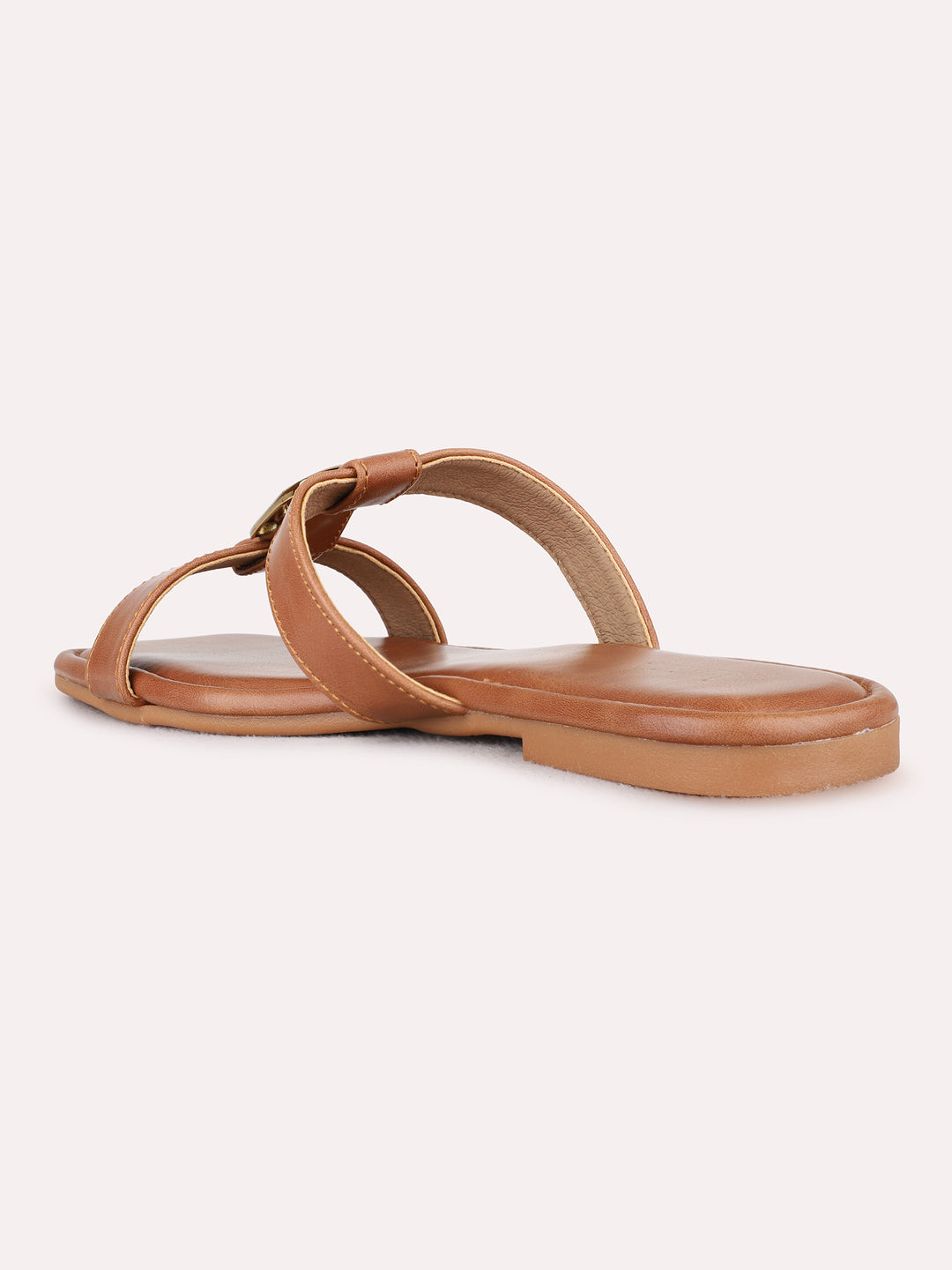 Womens Tan Casual Solid Open Toe Flat Slip-On Sandals