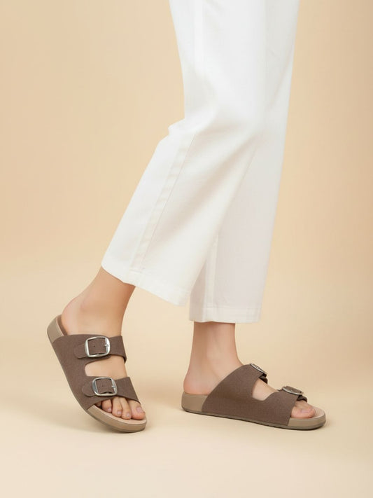 Womens Brown Casual Solid Open Toe Flat Slip-Ons