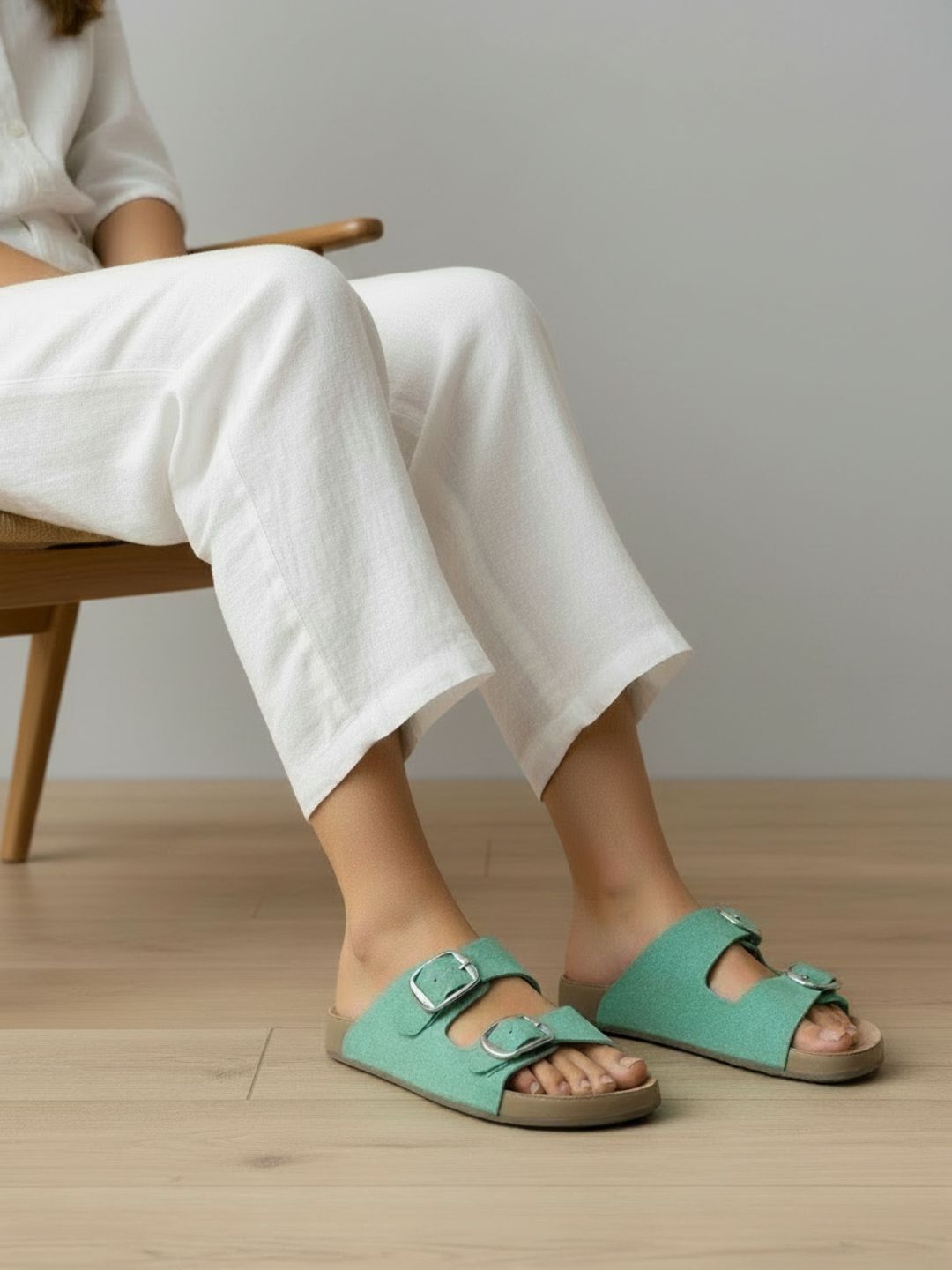 Womens Green Casual Solid Open Toe Flat Slip-Ons