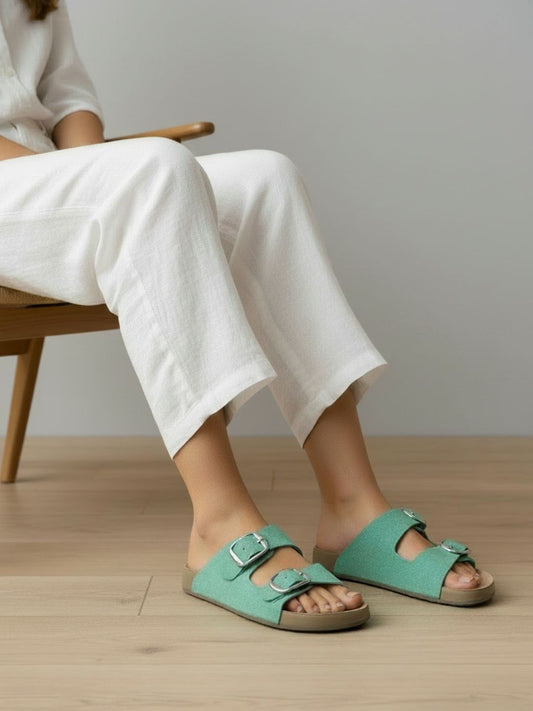 Womens Green Casual Solid Open Toe Flat Slip-Ons
