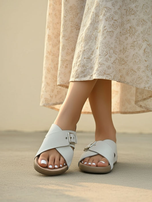 Womens Beige Casual Solid Open Toe Flat Slip-Ons