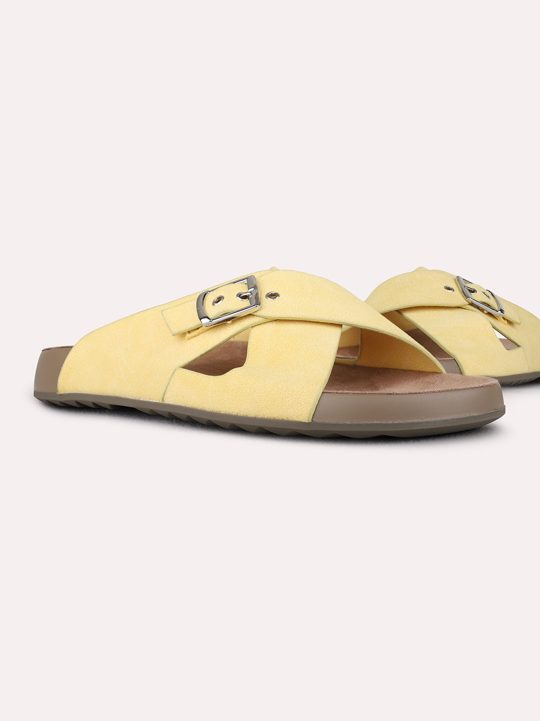 Womens Yellow Casual Solid Open Toe Flat Slip-Ons