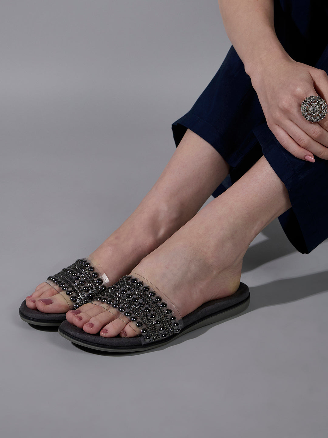 Womens Grey Ethnic Wear Embellished Open Toe Flats