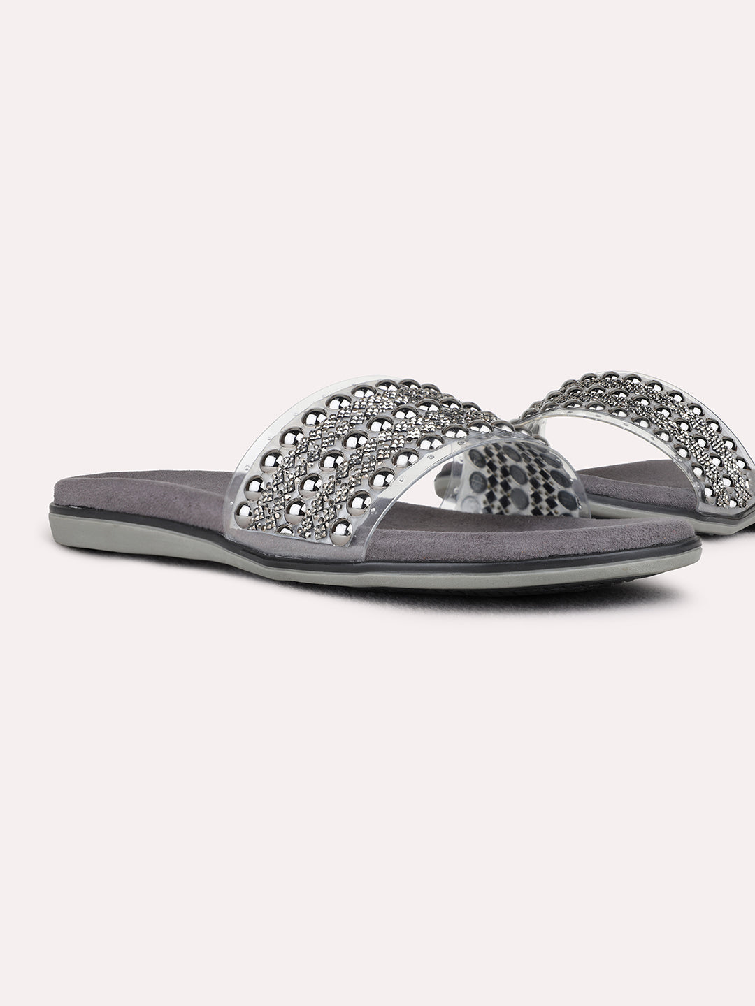 Womens Grey Ethnic Wear Embellished Open Toe Flat Sandals