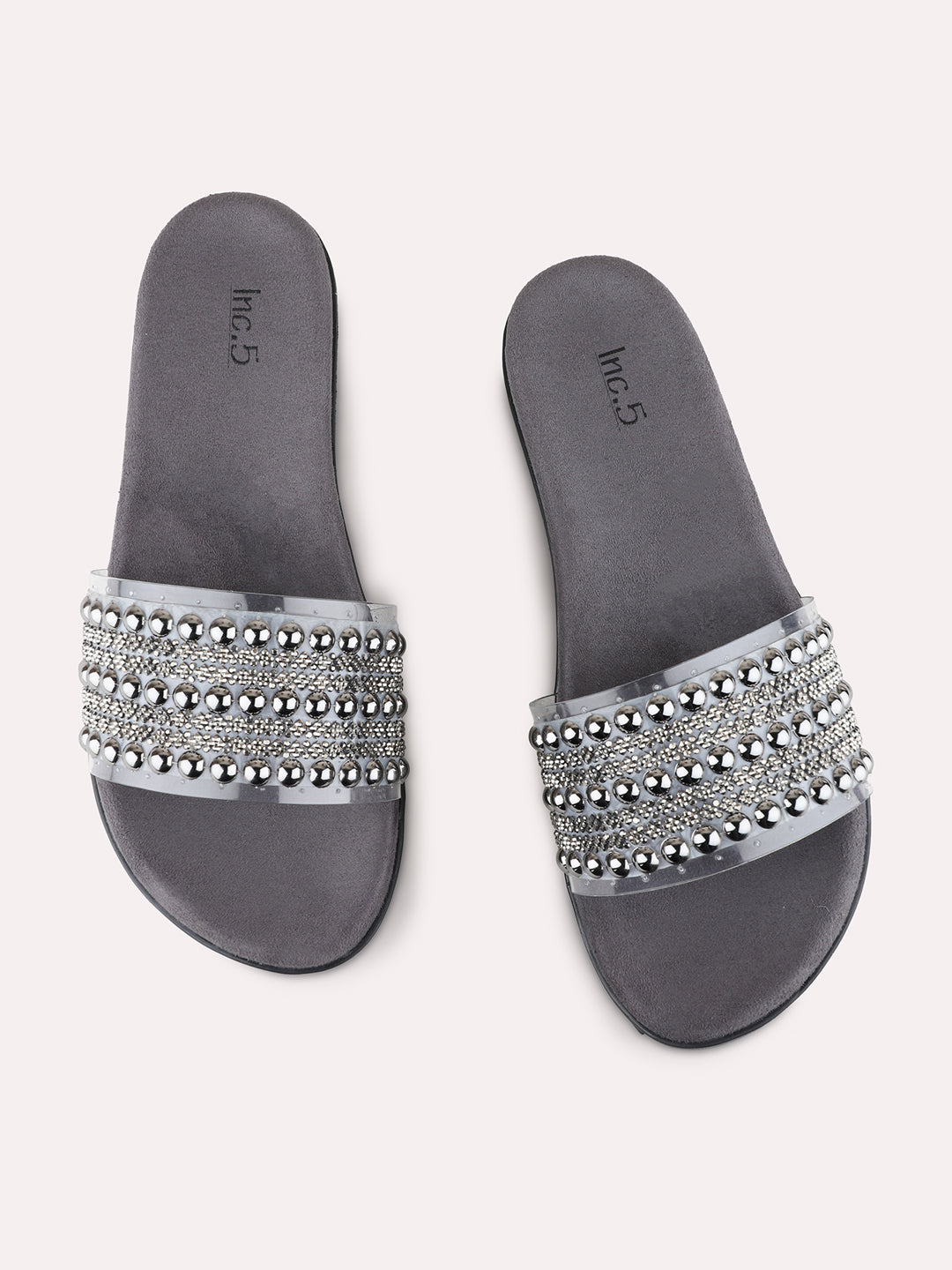 Womens Grey Ethnic Wear Embellished Open Toe Flat Sandals