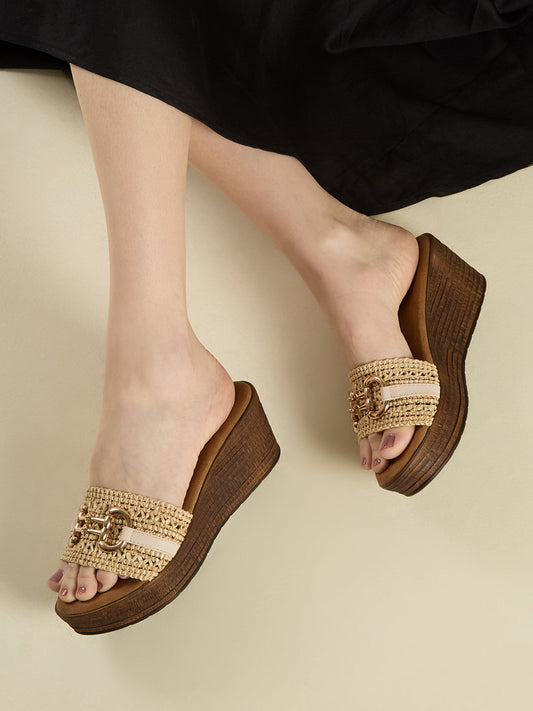 Womens Beige Ethnic Solid Round Toe Wedge Heels