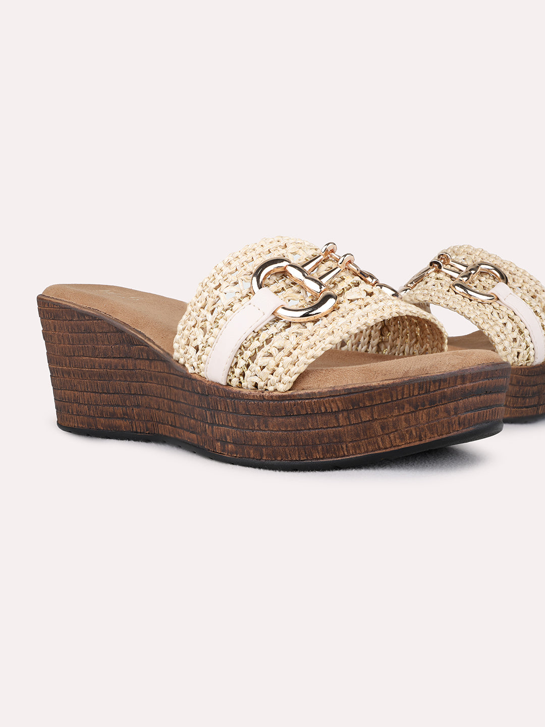 Womens Beige Ethnic Solid Round Toe Wedge Heel Sandals