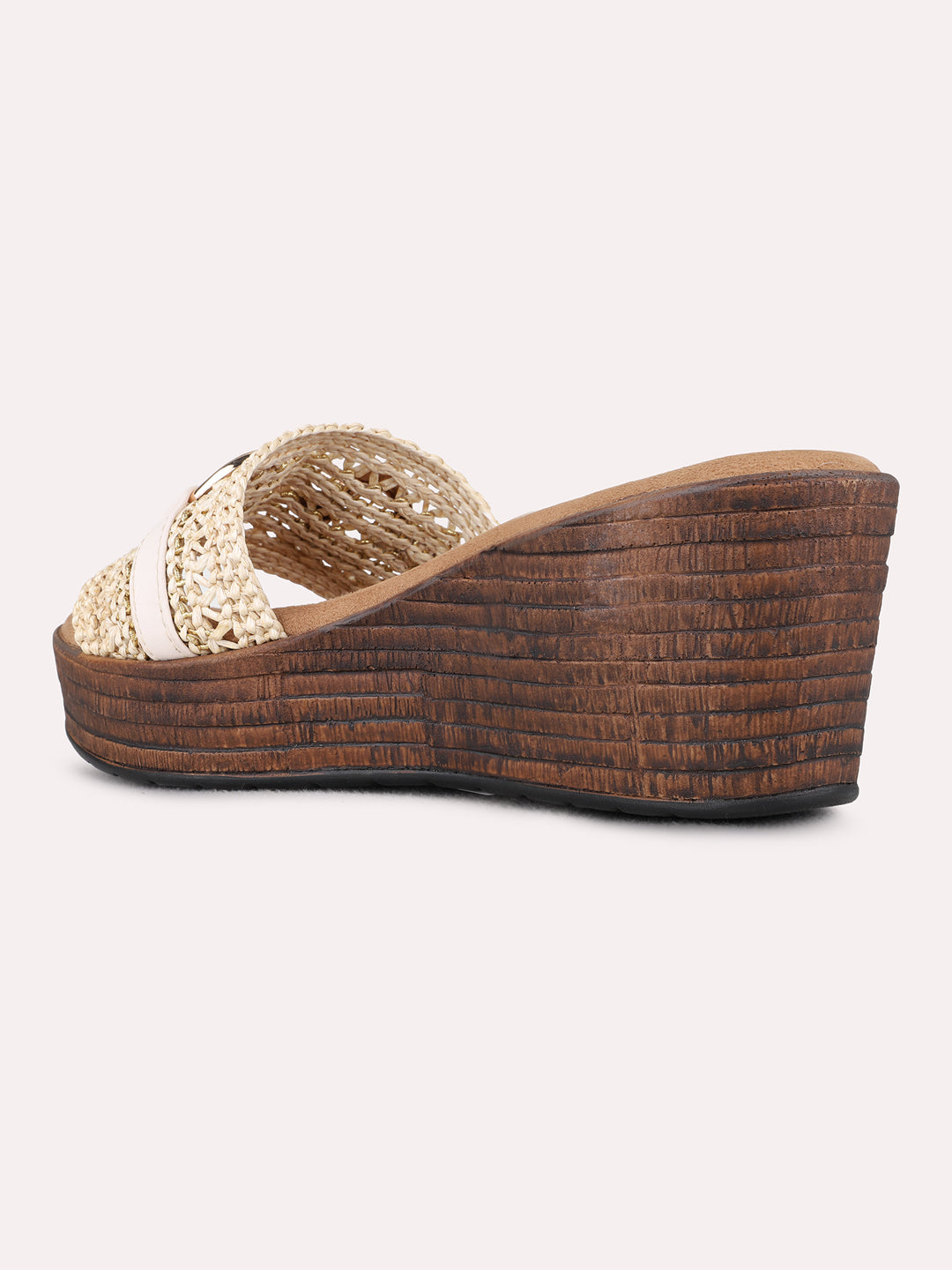 Womens Beige Ethnic Solid Round Toe Wedge Heels