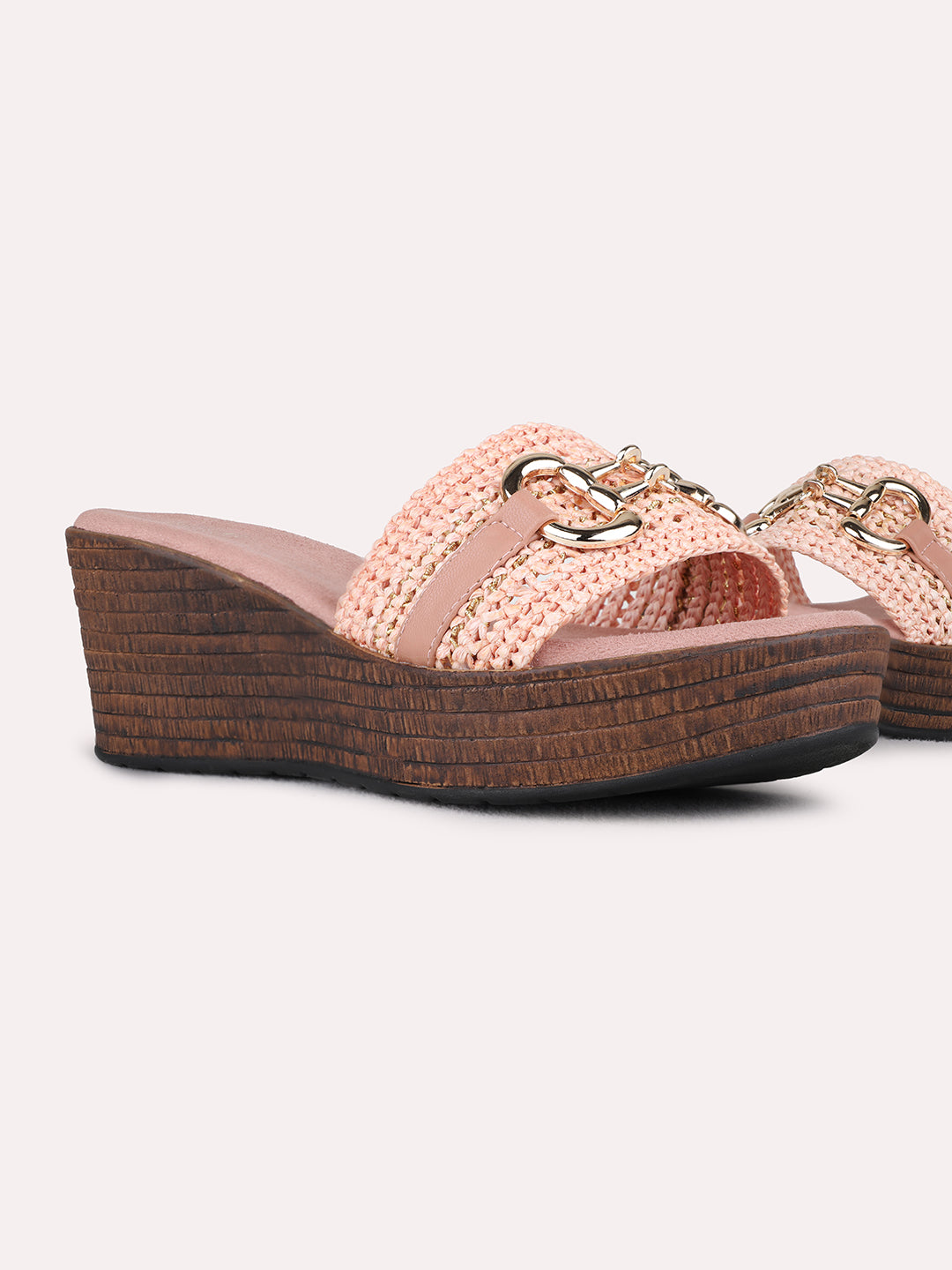 Womens Peach Ethnic Solid Round Toe Wedge Heel Sandals