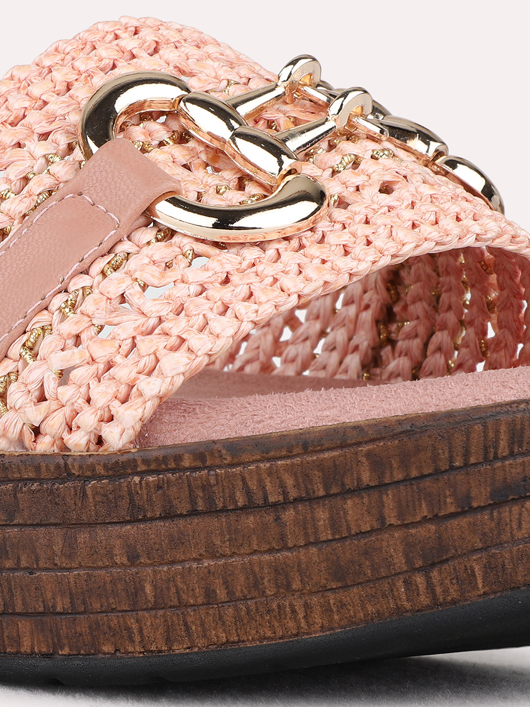 Womens Peach Ethnic Solid Round Toe Wedge Heels