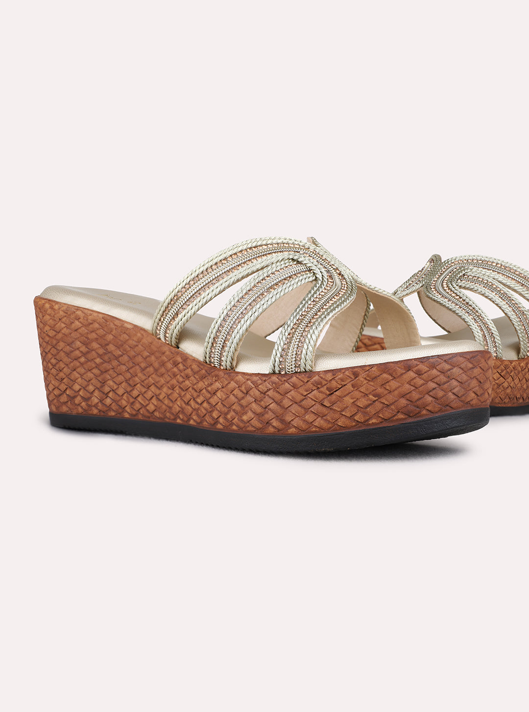 Womens Golden Ethnic Embellished Pattern Round Toe Wedge Heel Sandals