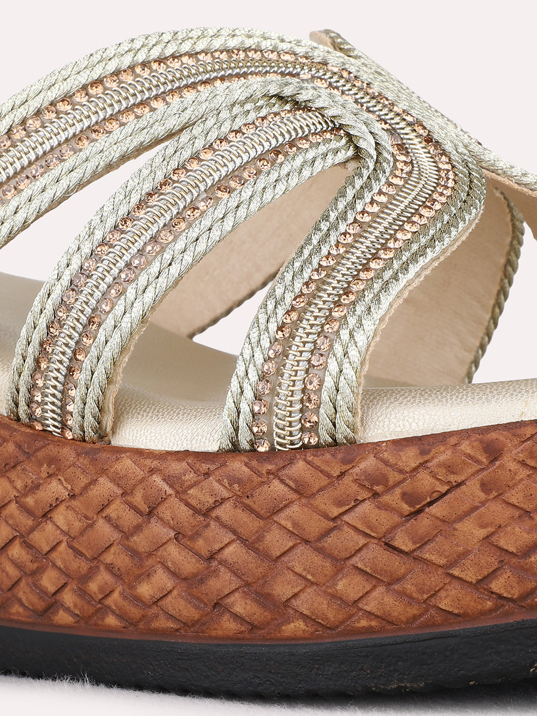 Womens Golden Ethnic Embellished Pattern Round Toe Wedge Heel Sandals